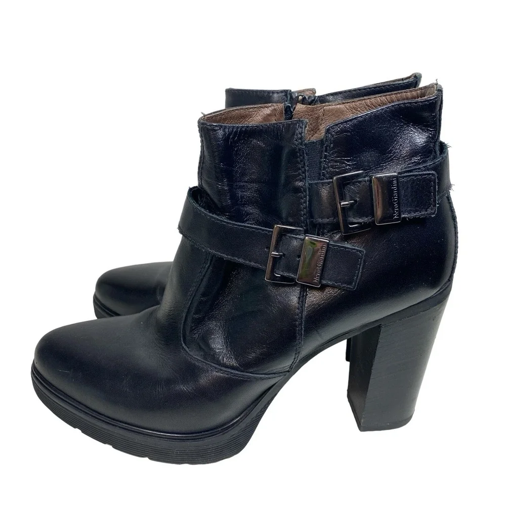 NeroGiardini Women 39 US 8.5 Black Leather Platform Buckle Ankle Boots Italy